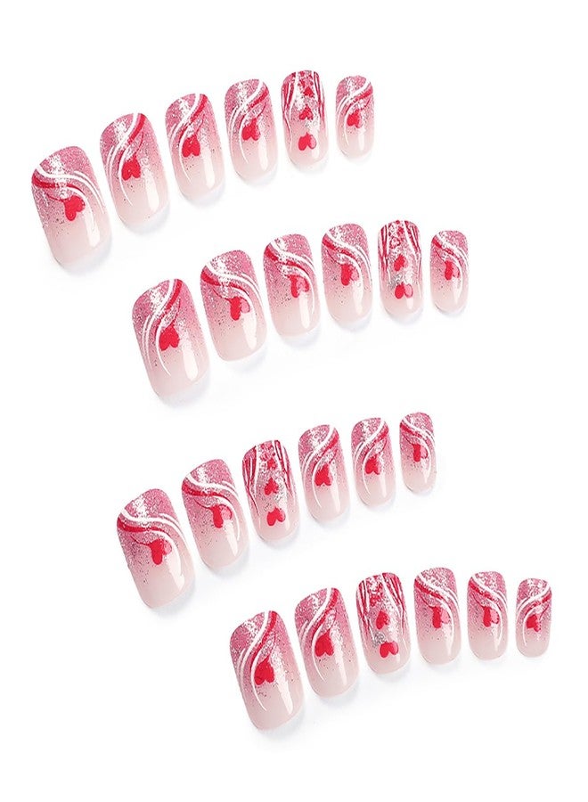 KRTBKR 24Pcs Valentines Day Press on Nails Short Square Fake Nails Red Heart Pink Glitter with French Lines Full Cover Acrylic Tip Glue on Nails Artificial Reusable French Tip False Nails for Women Girls - Image 4
